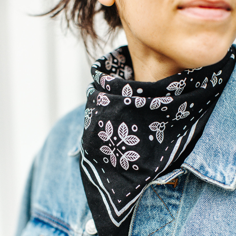 Person with black and white bandana around neck
