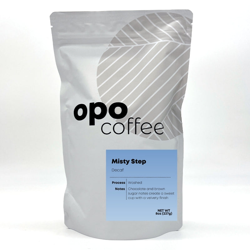 White bag with Opo Coffee logo and blue sticker 