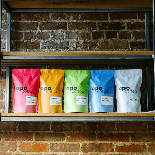 Pink, orange, green, blue and white coffee bags on a shelf with brick wall behind